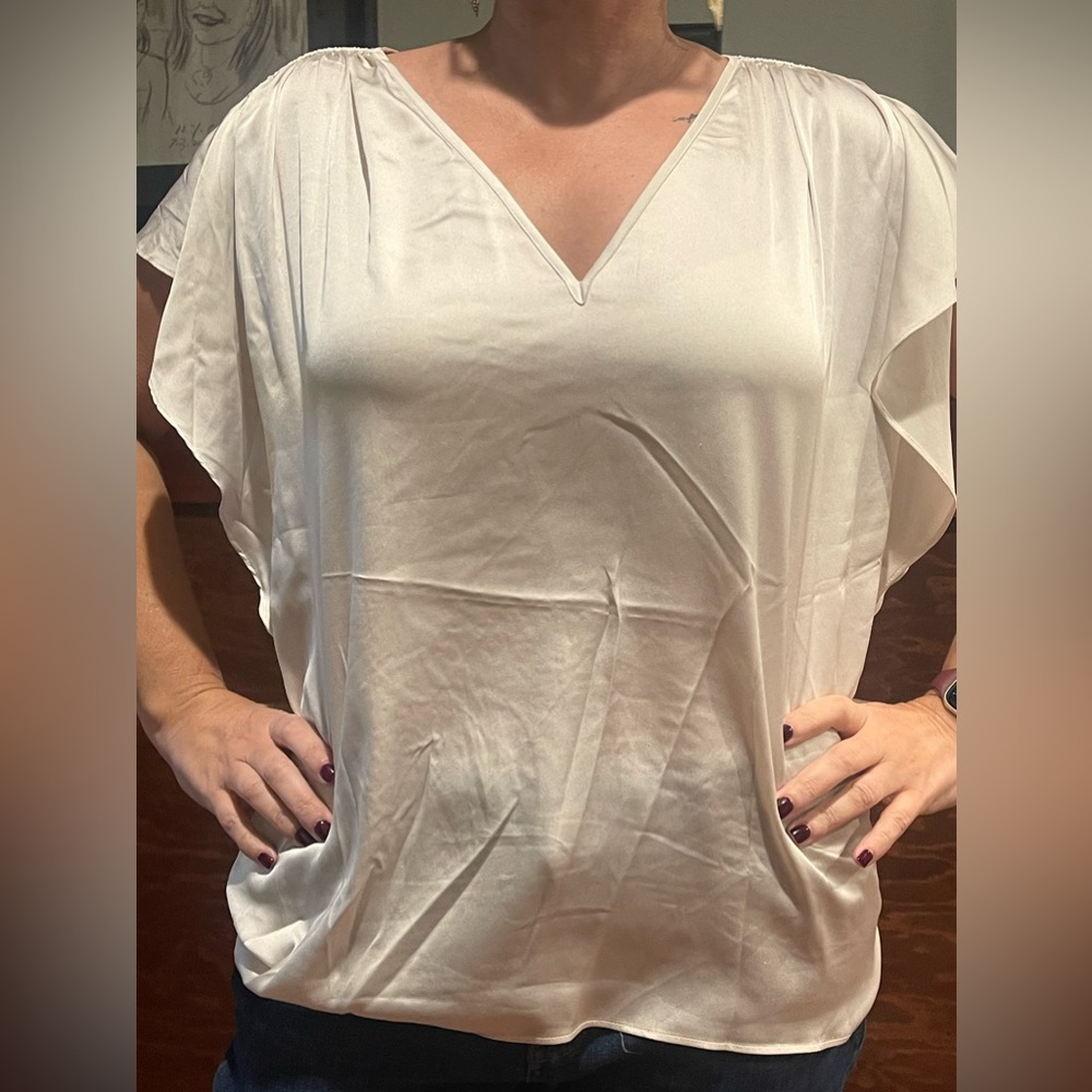 WHBM ecru flutter sleeve blouse